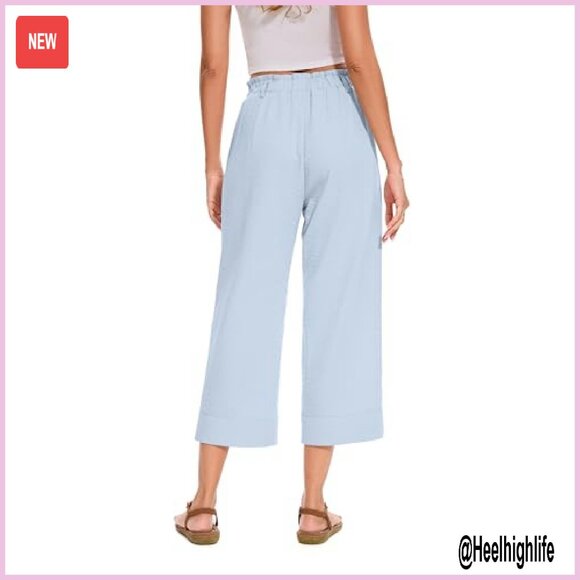 Summer Capri Pants Drawstring Waist Wide Leg Loose Fit Casual Trousers - Picture 7 of 7